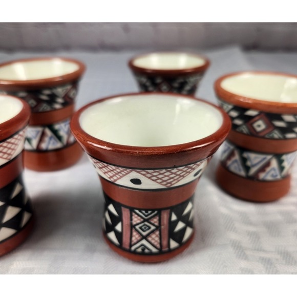 Unmarked Other - 5 SIGNED Hand Painted Peruvian Pottery Cups Ruiz Caro 2-1/4", Folk Art Geometric